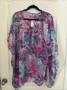 Purple Leaf-Print Sheer Tunic with Eyelet Tie